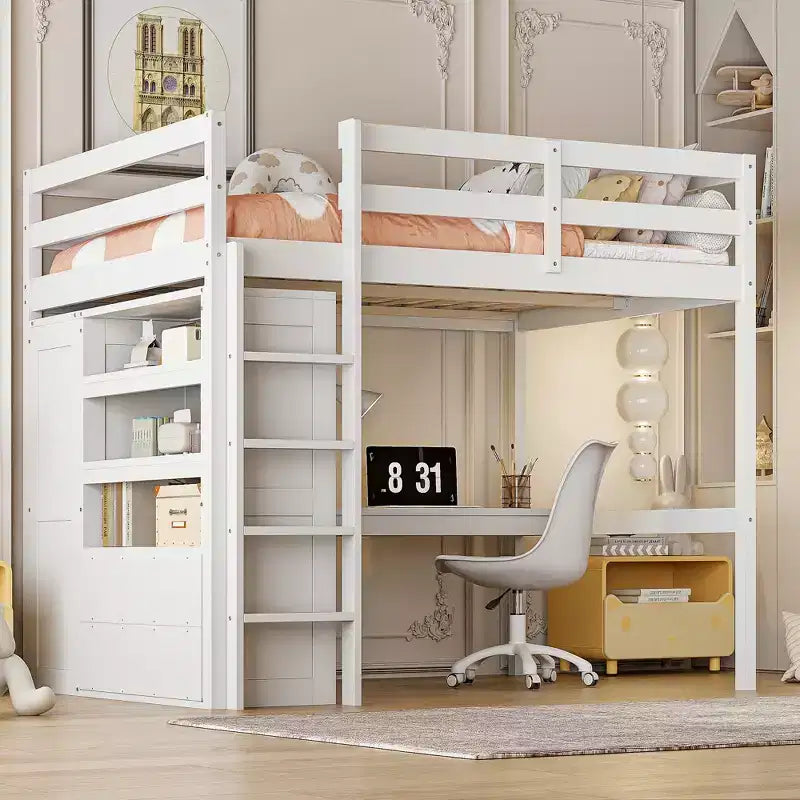 Full Size Loft Bed with Wardrobe and Desk, Wood Full High Loft Bed with Storage Drawers and Shelves for Adults Kids Teens