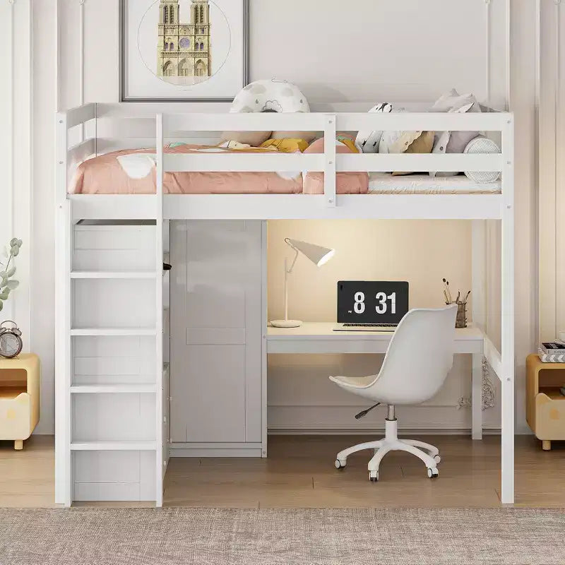 Full Size Loft Bed with Wardrobe and Desk, Wood Full High Loft Bed with Storage Drawers and Shelves for Adults Kids Teens