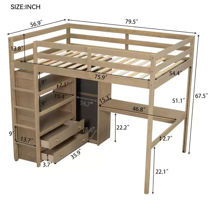 Full Size Loft Bed with Wardrobe and Desk, Wood Full High Loft Bed with Storage Drawers and Shelves for Adults Kids Teens