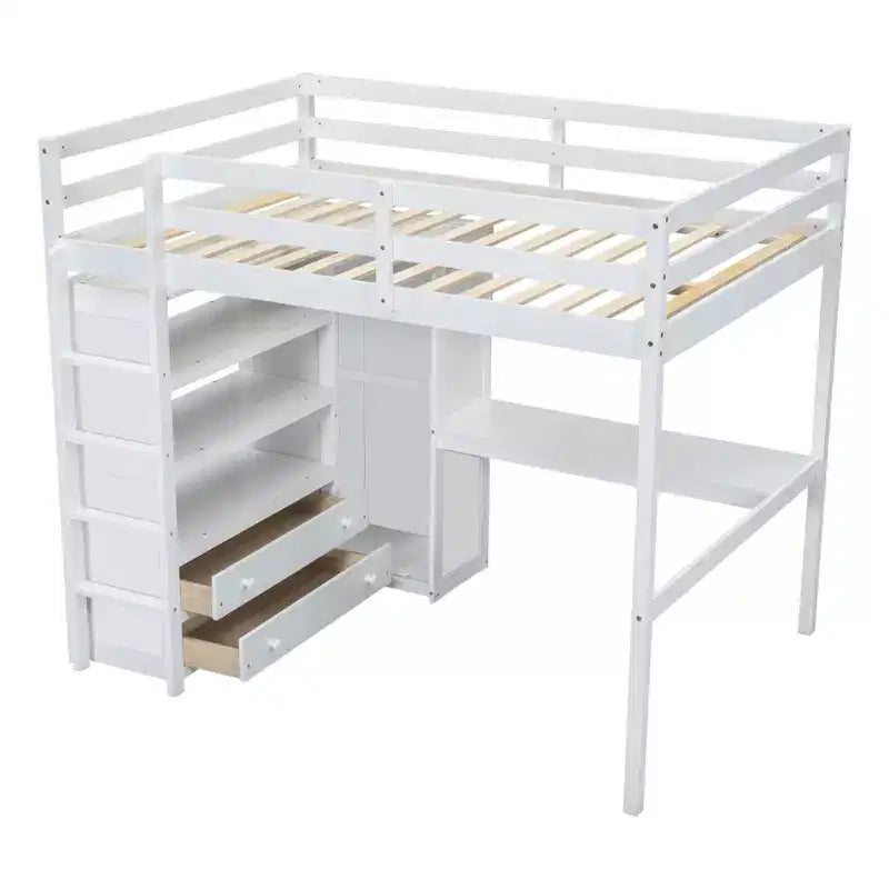 Full Size Loft Bed with Wardrobe and Desk, Wood Full High Loft Bed with Storage Drawers and Shelves for Adults Kids Teens