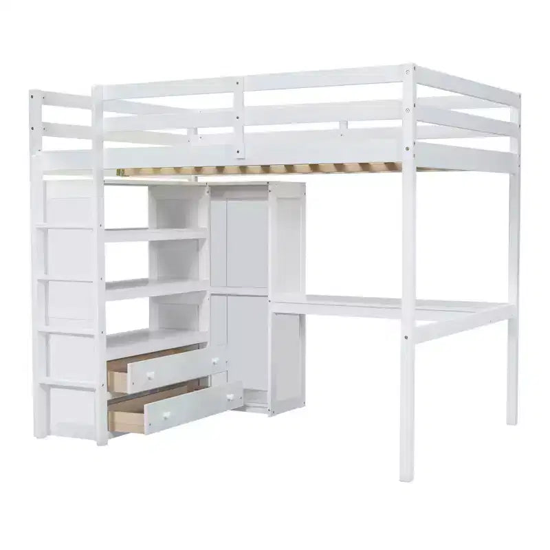 Full Size Loft Bed with Wardrobe and Desk, Wood Full High Loft Bed with Storage Drawers and Shelves for Adults Kids Teens