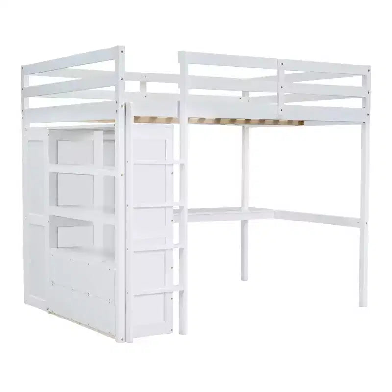 Full Size Loft Bed with Wardrobe and Desk, Wood Full High Loft Bed with Storage Drawers and Shelves for Adults Kids Teens