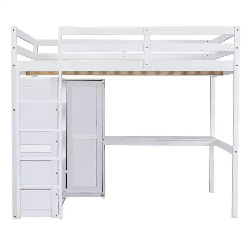 Full Size Loft Bed with Wardrobe and Desk, Wood Full High Loft Bed with Storage Drawers and Shelves for Adults Kids Teens