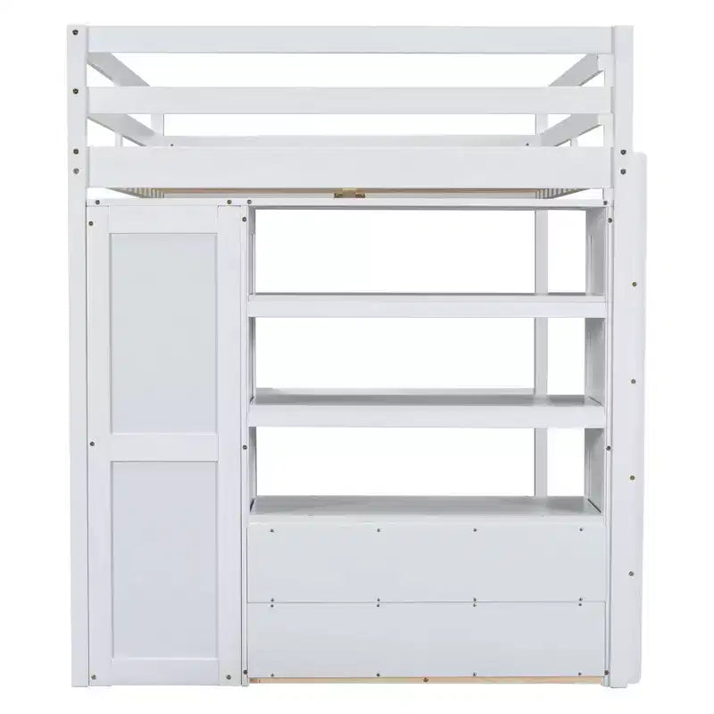 Full Size Loft Bed with Wardrobe and Desk, Wood Full High Loft Bed with Storage Drawers and Shelves for Adults Kids Teens