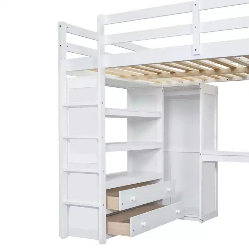 Full Size Loft Bed with Wardrobe and Desk, Wood Full High Loft Bed with Storage Drawers and Shelves for Adults Kids Teens