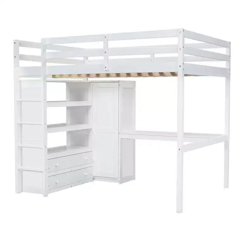 Full Size Loft Bed with Wardrobe and Desk, Wood Full High Loft Bed with Storage Drawers and Shelves for Adults Kids Teens