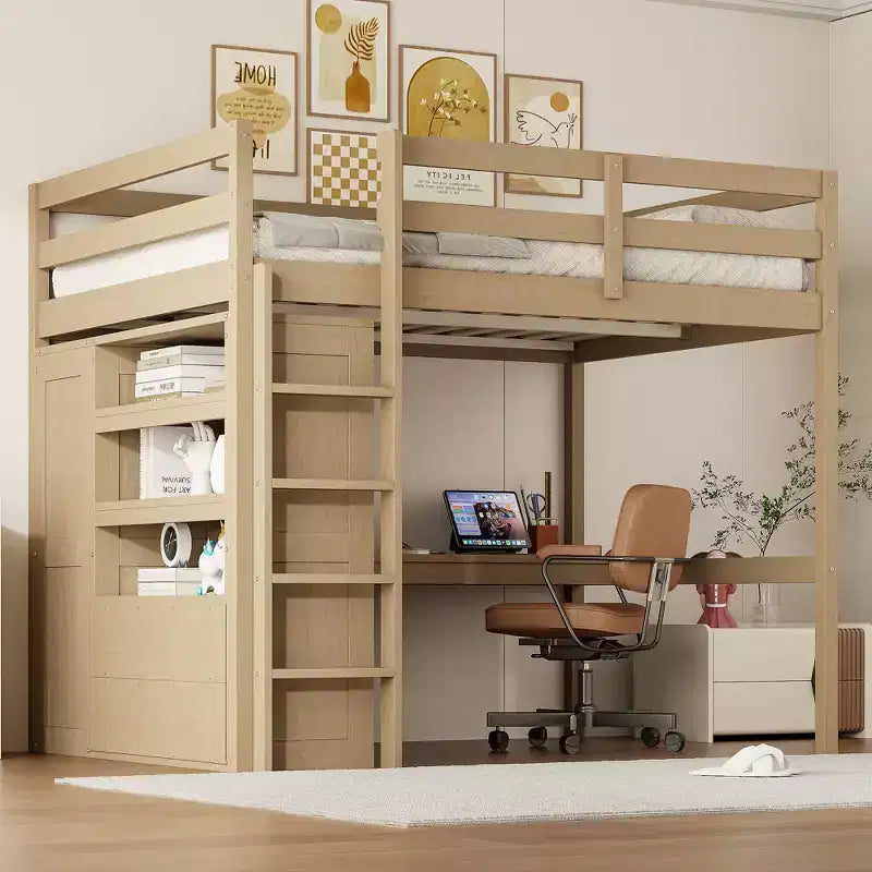 Full Size Loft Bed with Wardrobe and Desk, Wood Full High Loft Bed with Storage Drawers and Shelves for Adults Kids Teens