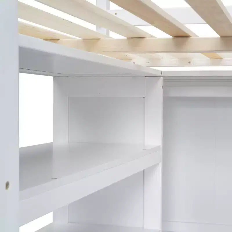 Full Size Loft Bed with Wardrobe and Desk, Wood Full High Loft Bed with Storage Drawers and Shelves for Adults Kids Teens