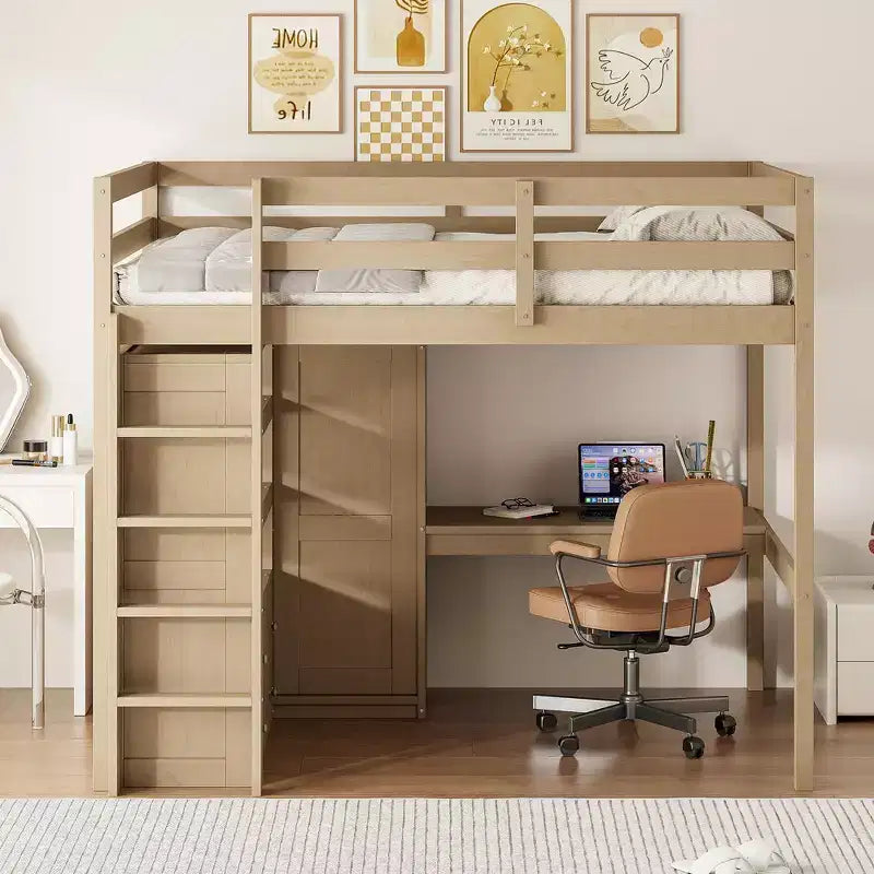 Full Size Loft Bed with Wardrobe and Desk, Wood Full High Loft Bed with Storage Drawers and Shelves for Adults Kids Teens