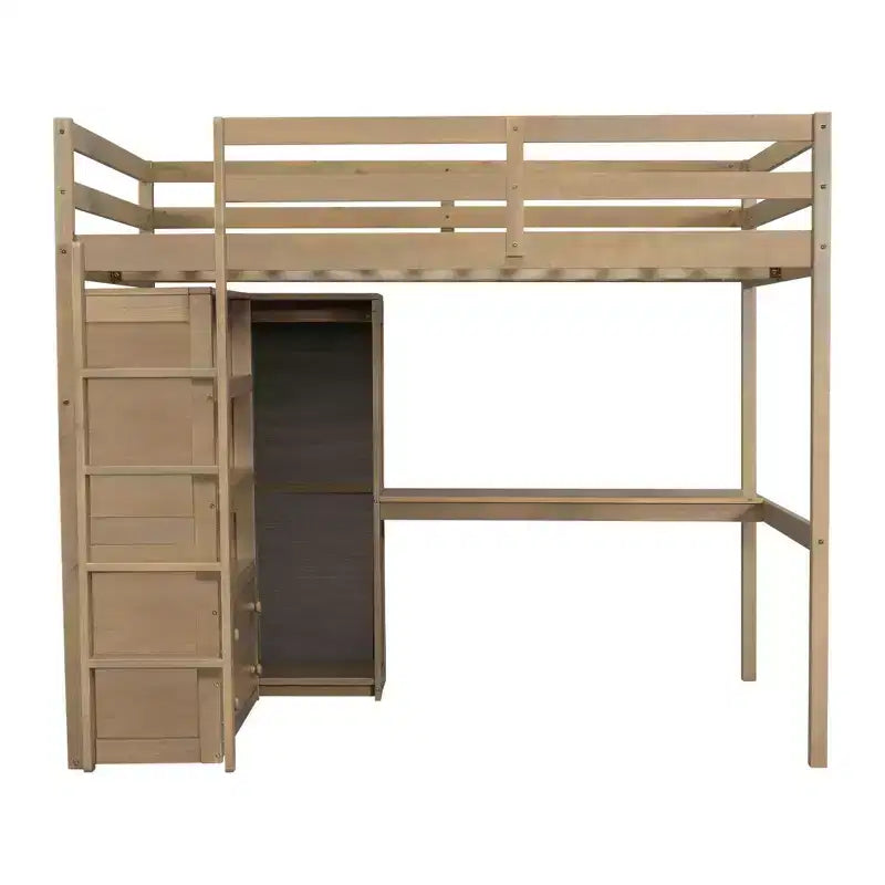 Full Size Loft Bed with Wardrobe and Desk, Wood Full High Loft Bed with Storage Drawers and Shelves for Adults Kids Teens