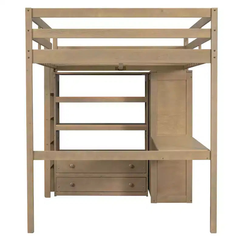 Full Size Loft Bed with Wardrobe and Desk, Wood Full High Loft Bed with Storage Drawers and Shelves for Adults Kids Teens