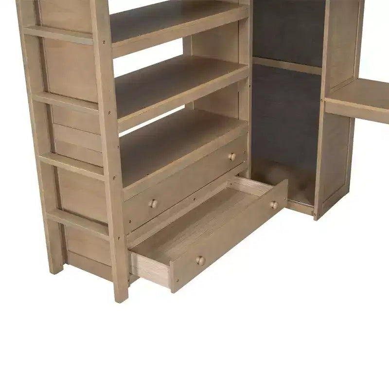 Full Size Loft Bed with Wardrobe and Desk, Wood Full High Loft Bed with Storage Drawers and Shelves for Adults Kids Teens