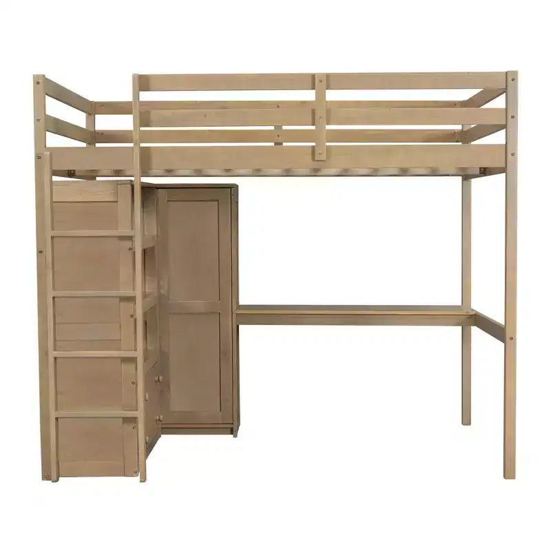Full Size Loft Bed with Wardrobe and Desk, Wood Full High Loft Bed with Storage Drawers and Shelves for Adults Kids Teens