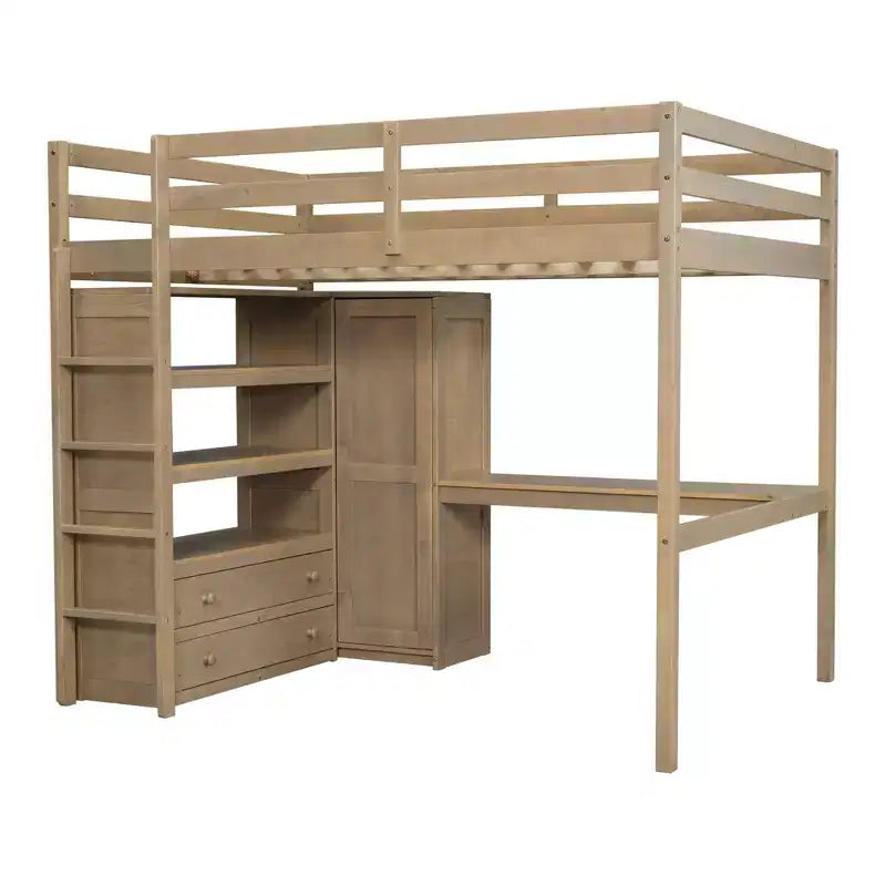 Full Size Loft Bed with Wardrobe and Desk, Wood Full High Loft Bed with Storage Drawers and Shelves for Adults Kids Teens