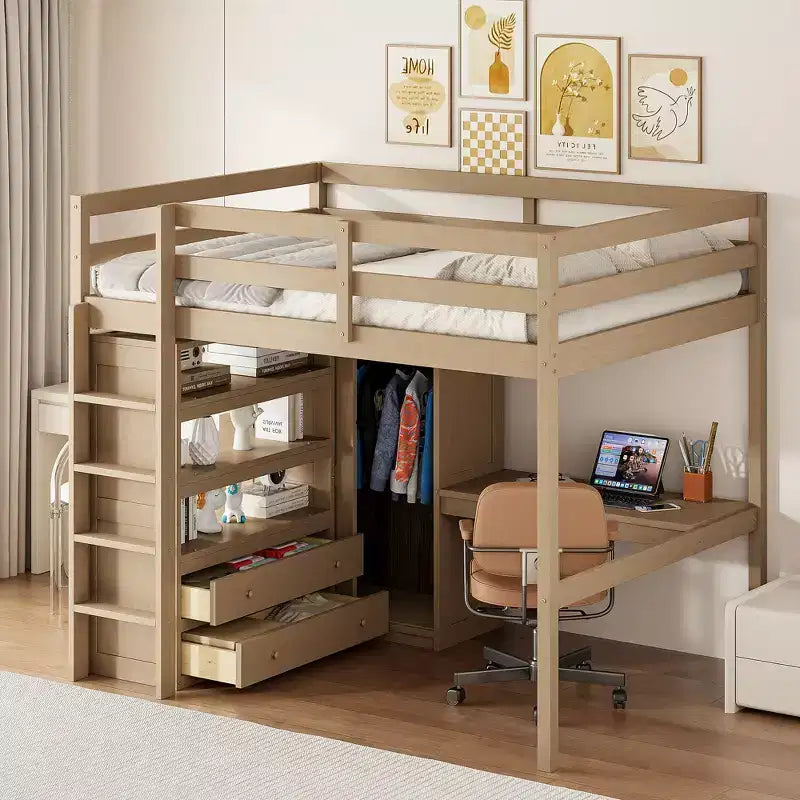 Full Size Loft Bed with Wardrobe and Desk, Wood Full High Loft Bed with Storage Drawers and Shelves for Adults Kids Teens