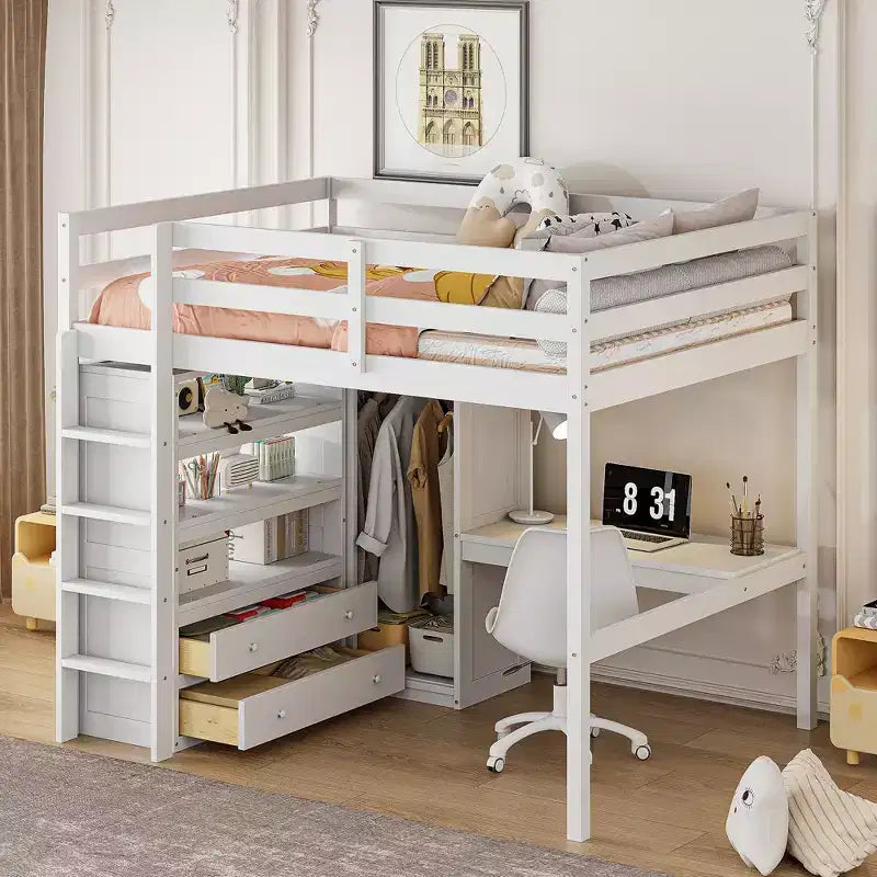 Full Size Loft Bed with Wardrobe and Desk, Wood Full High Loft Bed with Storage Drawers and Shelves for Adults Kids Teens