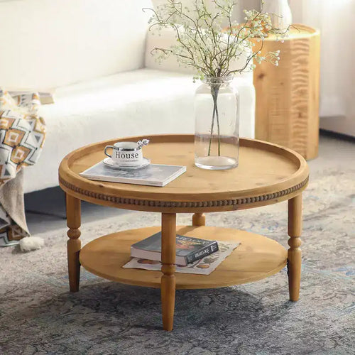 31'' Modern Round Coffee Table, 2 Tier Wooden Center Table with Beaded Trim, Accent Cocktail End Table for Living Room Bedroom