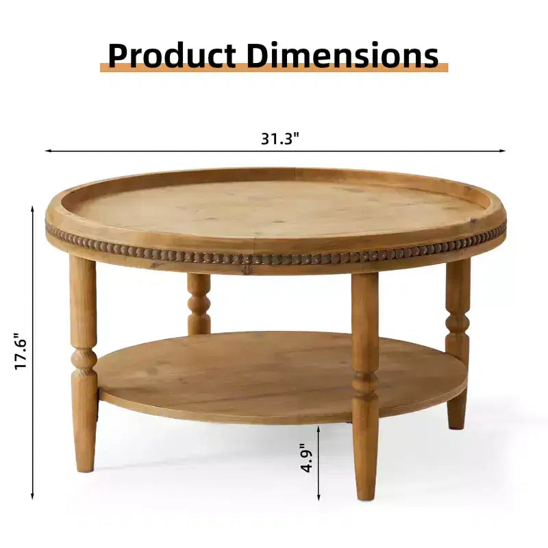 31'' Modern Round Coffee Table, 2 Tier Wooden Center Table with Beaded Trim, Accent Cocktail End Table for Living Room Bedroom