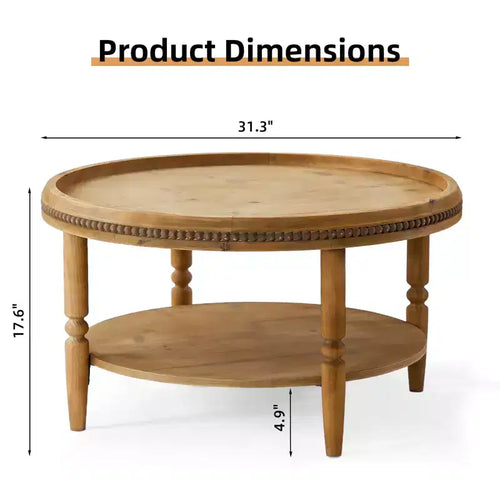 31'' Modern Round Coffee Table, 2 Tier Wooden Center Table with Beaded Trim, Accent Cocktail End Table for Living Room Bedroom