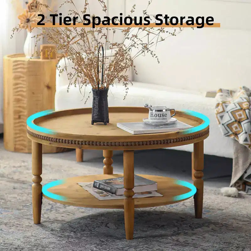31'' Modern Round Coffee Table, 2 Tier Wooden Center Table with Beaded Trim, Accent Cocktail End Table for Living Room Bedroom