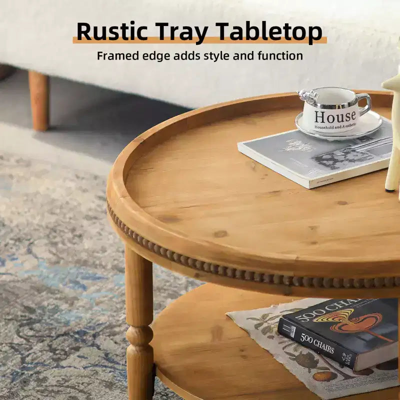 31'' Modern Round Coffee Table, 2 Tier Wooden Center Table with Beaded Trim, Accent Cocktail End Table for Living Room Bedroom