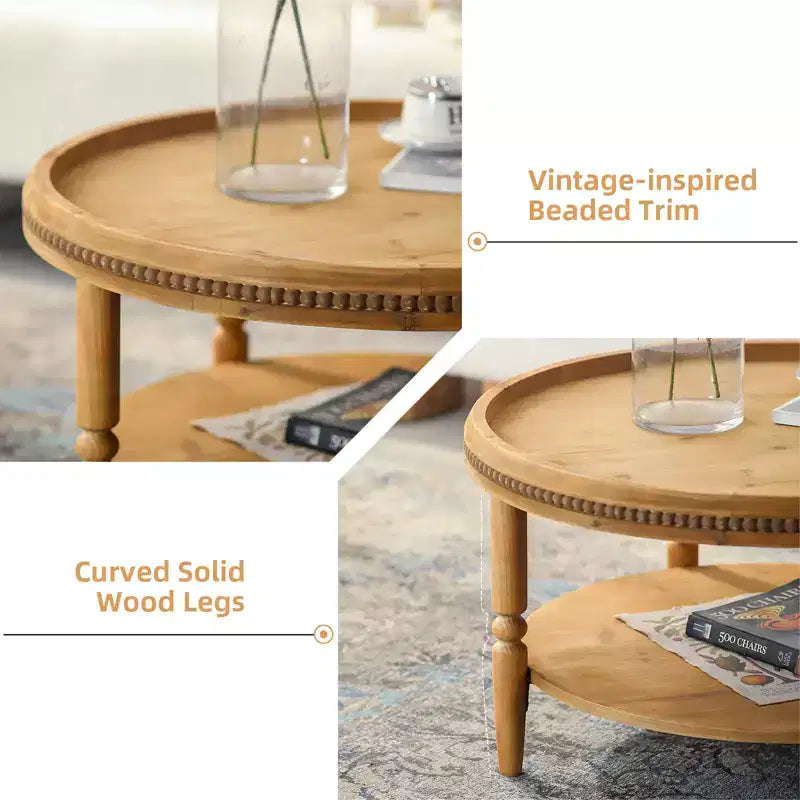 31'' Modern Round Coffee Table, 2 Tier Wooden Center Table with Beaded Trim, Accent Cocktail End Table for Living Room Bedroom