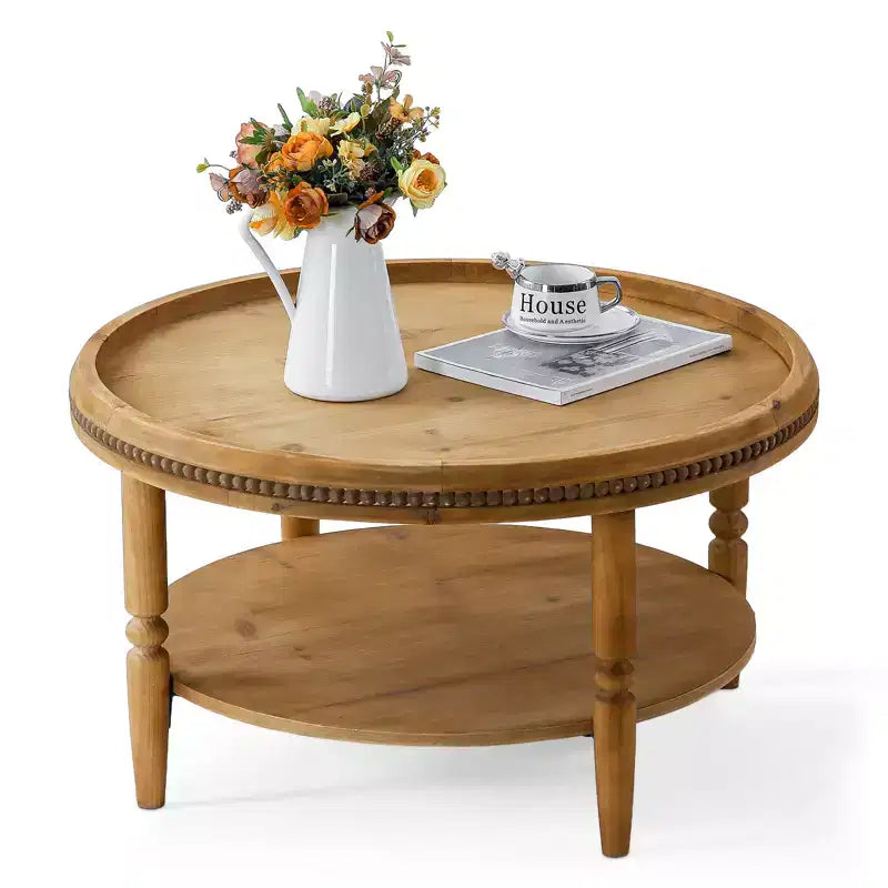 31'' Modern Round Coffee Table, 2 Tier Wooden Center Table with Beaded Trim, Accent Cocktail End Table for Living Room Bedroom