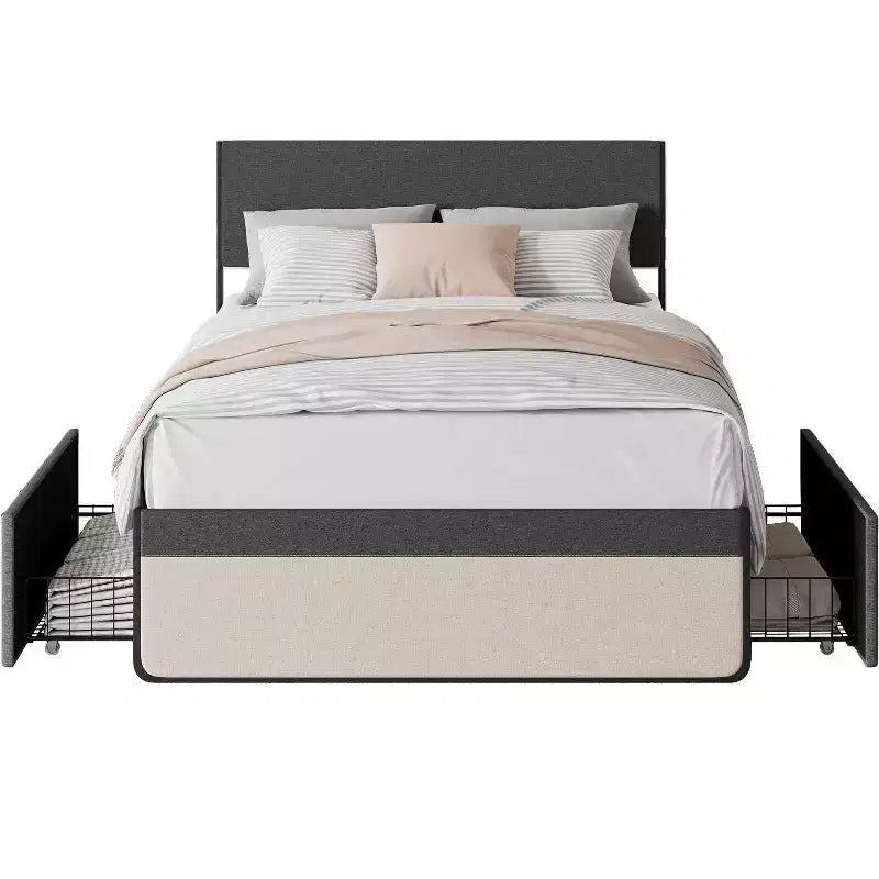GustoWave Full/Queen Upholstered Bed Frame with Headboard and 2 Storage Drawers - Platform Bed with Metal Slats, No Box Spring Needed