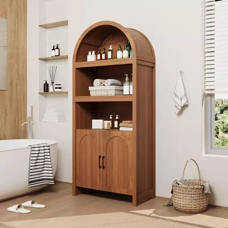 Bibliothèque haute, armoire arquée avec rangement, bibliothèque de style Mid-Century