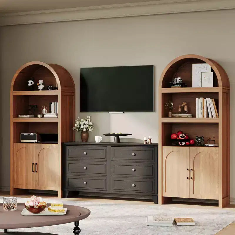 Bibliothèque haute, armoire arquée avec rangement, bibliothèque de style Mid-Century
