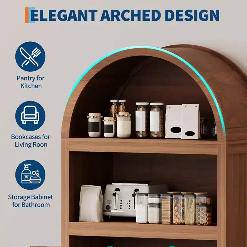 Bibliothèque haute, armoire arquée avec rangement, bibliothèque de style Mid-Century