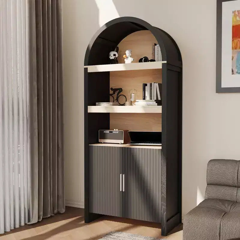 Bibliothèque haute, armoire arquée avec rangement, bibliothèque de style Mid-Century