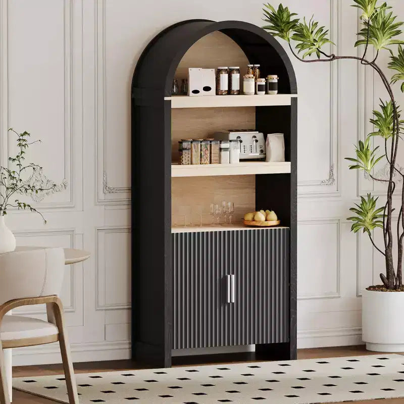 Bibliothèque haute, armoire arquée avec rangement, bibliothèque de style Mid-Century