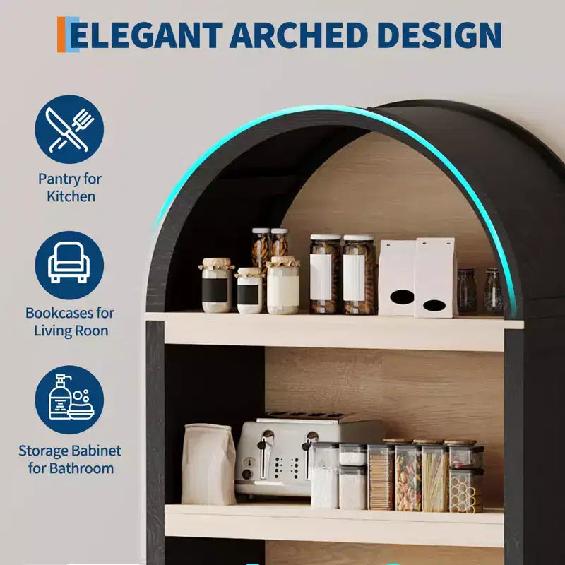 Bibliothèque haute, armoire arquée avec rangement, bibliothèque de style Mid-Century