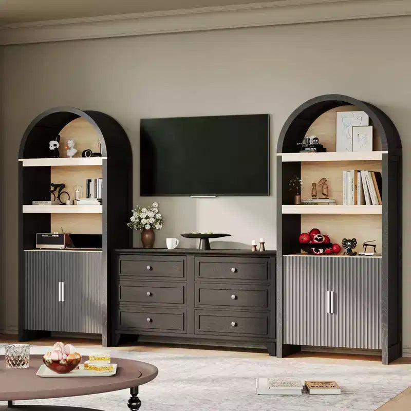 Bibliothèque haute, armoire arquée avec rangement, bibliothèque de style Mid-Century