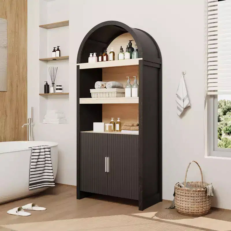 Tall Bookshelf Arched Cabinet with Storage, Mid-Century Bookcase Modern Wooden Kitchen Pantry Display Storage Cabinet