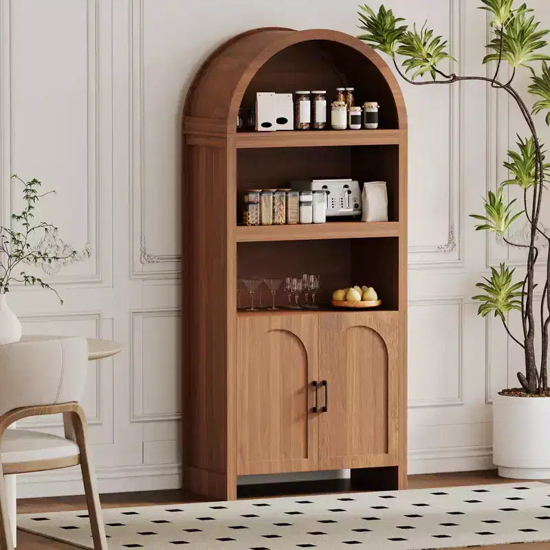 Bibliothèque haute, armoire arquée avec rangement, bibliothèque de style Mid-Century