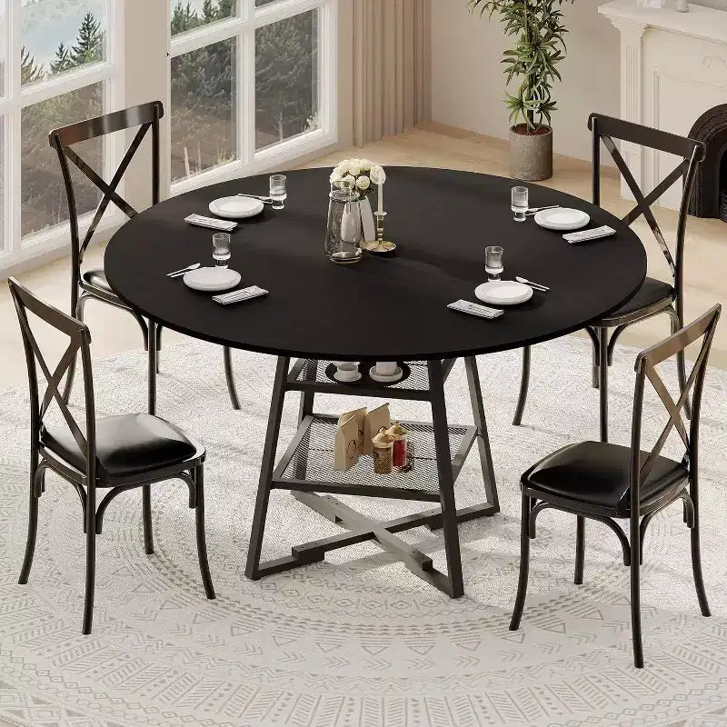 42 Inch Round Dining Table for 4-6, Circle Kitchen Dining Table with Metal Base, Wooden Round DiningTable, Wood Kitchen Tables with Storage Shelf