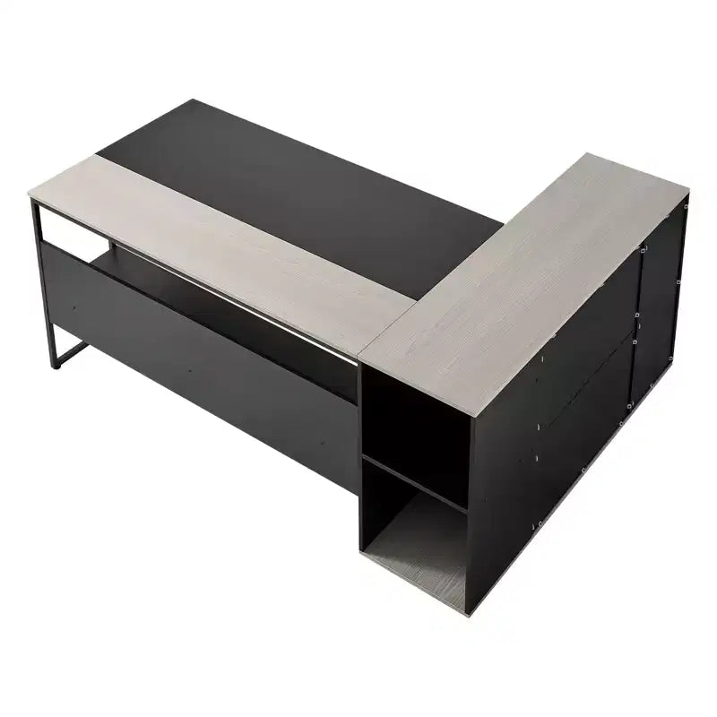 VEVOR L-Shaped Executive Desk, Large Modern Office Table with Drawers & Storage Cabinet&CPU Stand, 350 LBS Load Capacity, Black&Brown