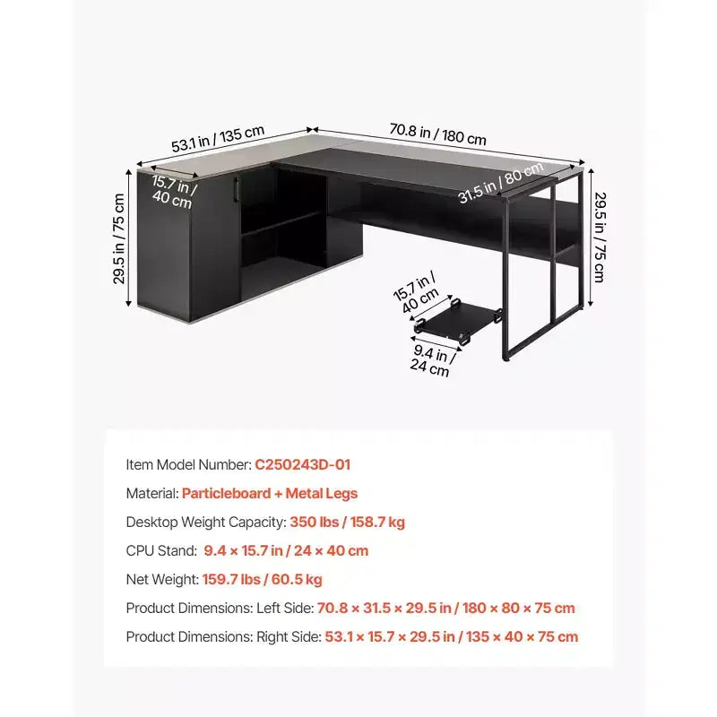 Bureau de direction en L, grande table de bureau moderne