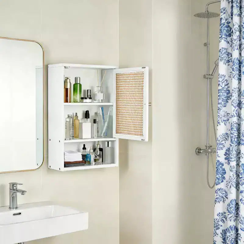 Meuble Haut de Salle de Bain, Armoire à Pharmacie en Bambou avec Portes en Rotin