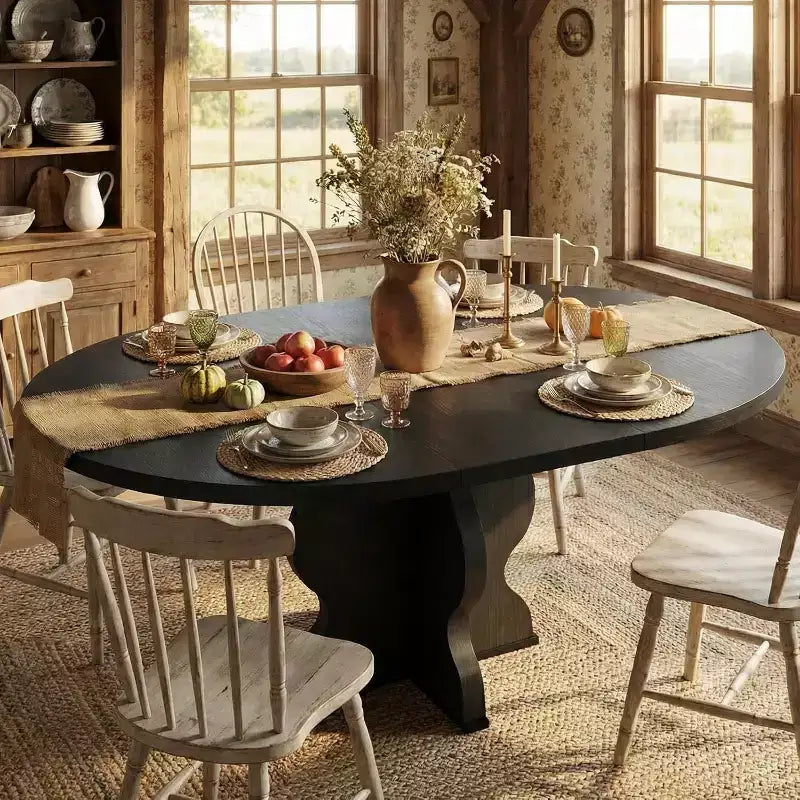 63 Extendable Round Dining Table for 4-8, Farmhouse Oval Kitchen Table with Sturdy Metal Frame & Wider Legs for Apartments