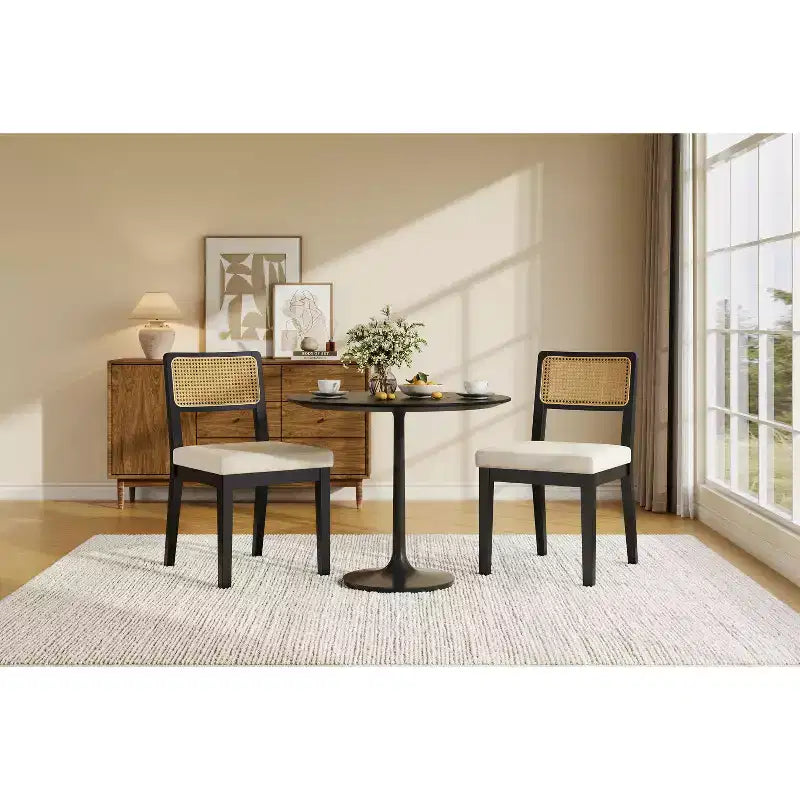 Set of 2 Rattan Dining Chairs, French Country Kitchen Chairs Rattan Back Wooden Legs, Modern Mid Century for Dining Room
