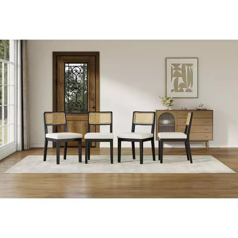 Set of 2 Rattan Dining Chairs, French Country Kitchen Chairs Rattan Back Wooden Legs, Modern Mid Century for Dining Room