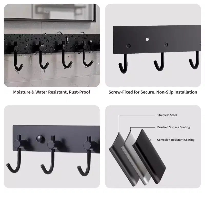 Key Hanger for Wall, 6 Row Stainless Steel Key Holder with Adhesive No Drill Mounting, Golden Organizer for Keys, Coats, Towels, Hats