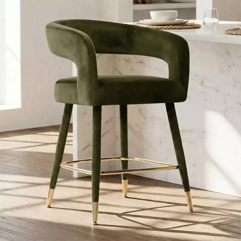 Modern Velvet Counter Height Bar Stool with Backrest, 24 Seat Height Upholstered Bar Chair with Gold Footrest, Kitchen Island Stool-Panipeachy