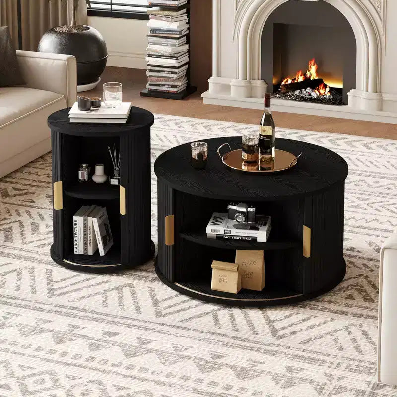 Mid-Century Coffee Table Set with Sliding Tambour Doors, Fluted Round Storage Side Tables for Living Room, Set of 2, Black