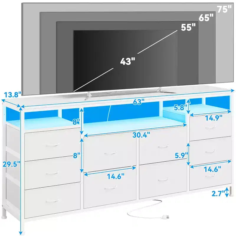 Meuble TV avec 10 tiroirs en tissu pour téléviseurs de 65/70/75 pouces, 160 cm de large