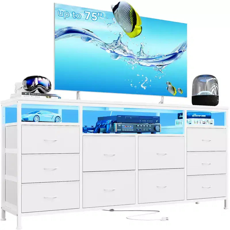 Meuble TV avec 10 tiroirs en tissu pour téléviseurs de 65/70/75 pouces, 160 cm de large