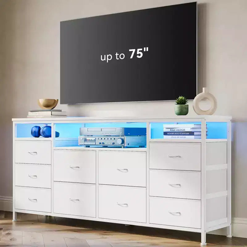 Meuble TV avec 10 tiroirs en tissu pour téléviseurs de 65/70/75 pouces, 160 cm de large